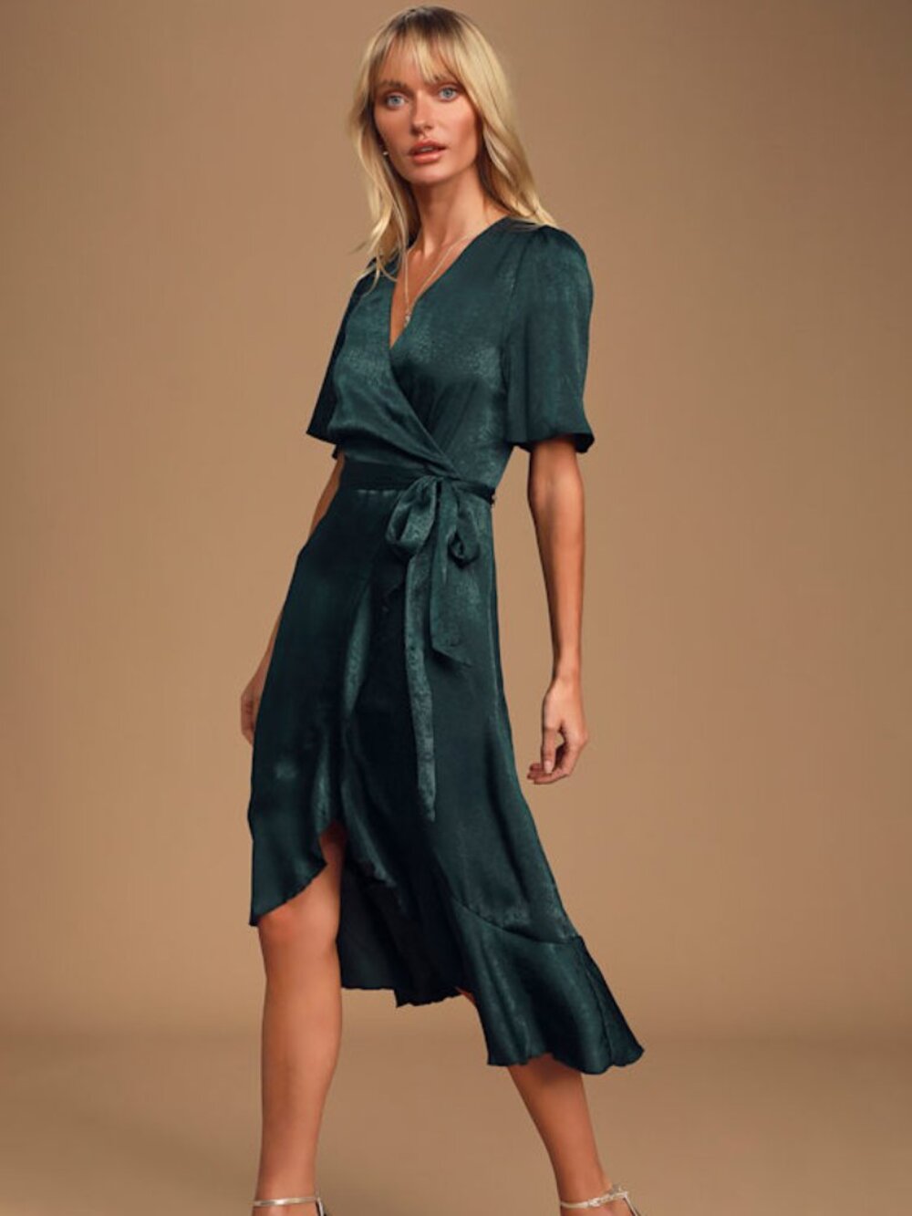 Lulus Wrapped Up In Love Dark Green Satin Faux-wrap Midi Dress - Size M